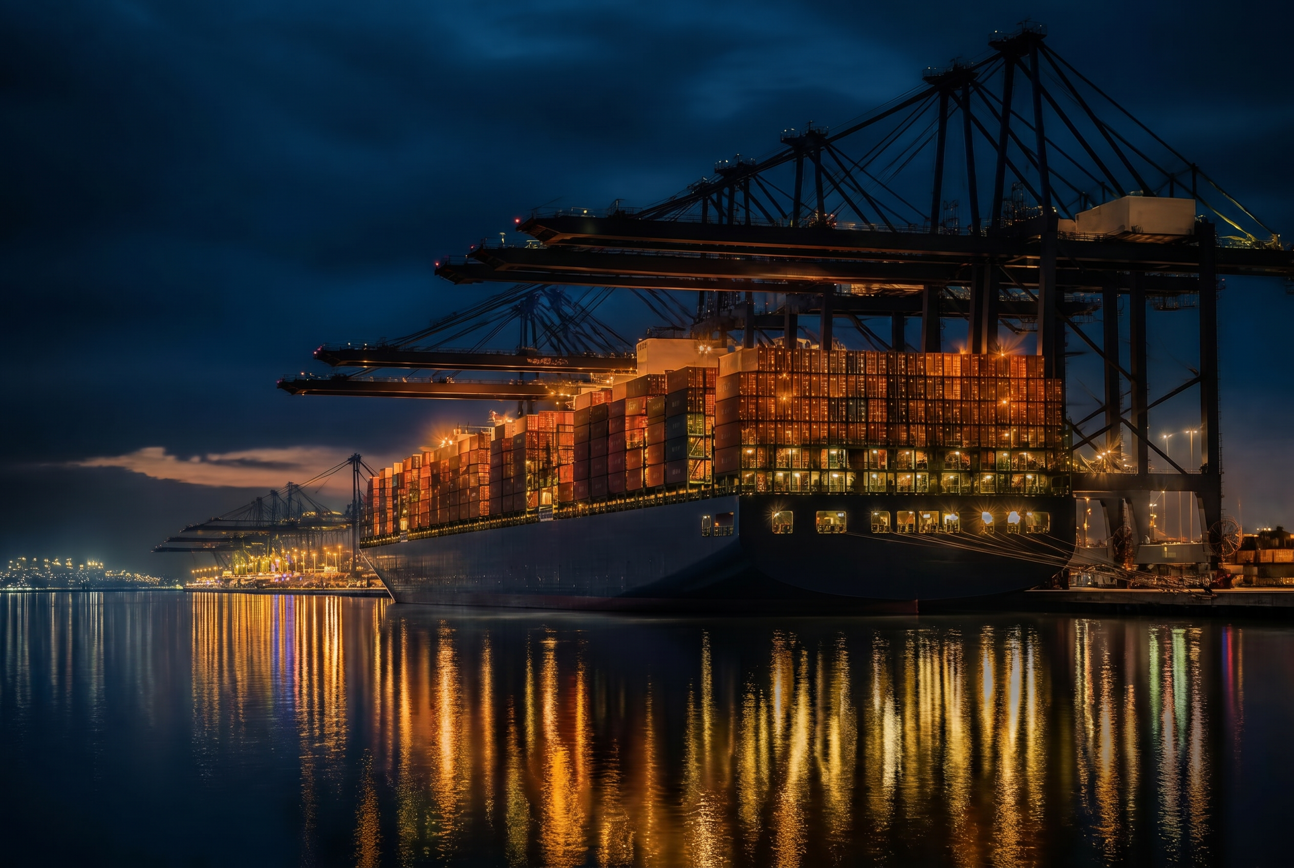 International container port at blue hour with cargo ship and cranes