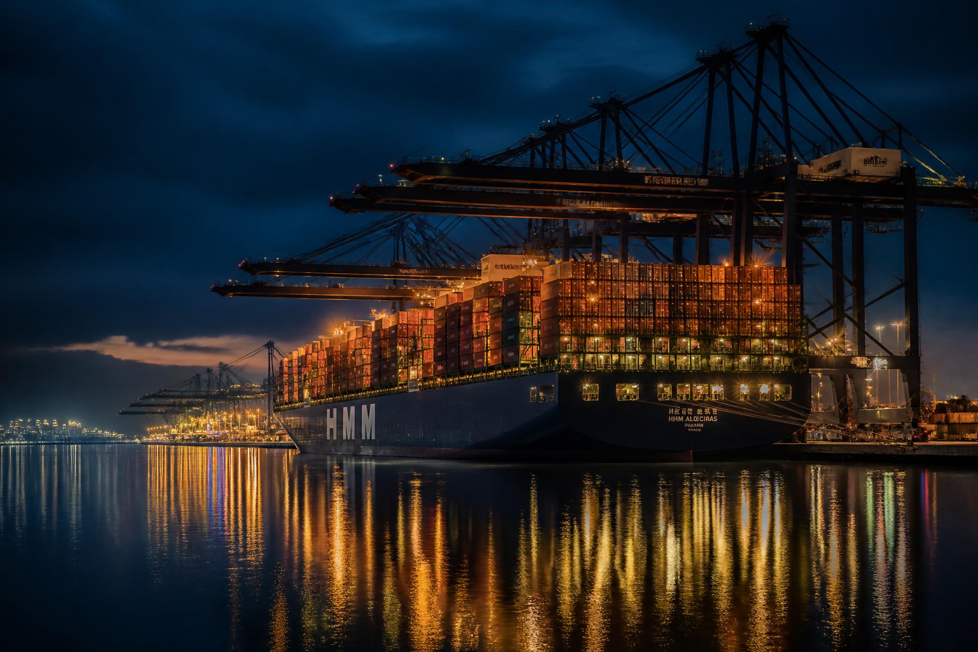 International container port at blue hour with cargo ship and cranes
